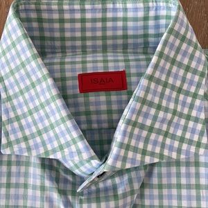 Isaia Napoli Blue & Green Plaid Long Sleeve Dress Shirt